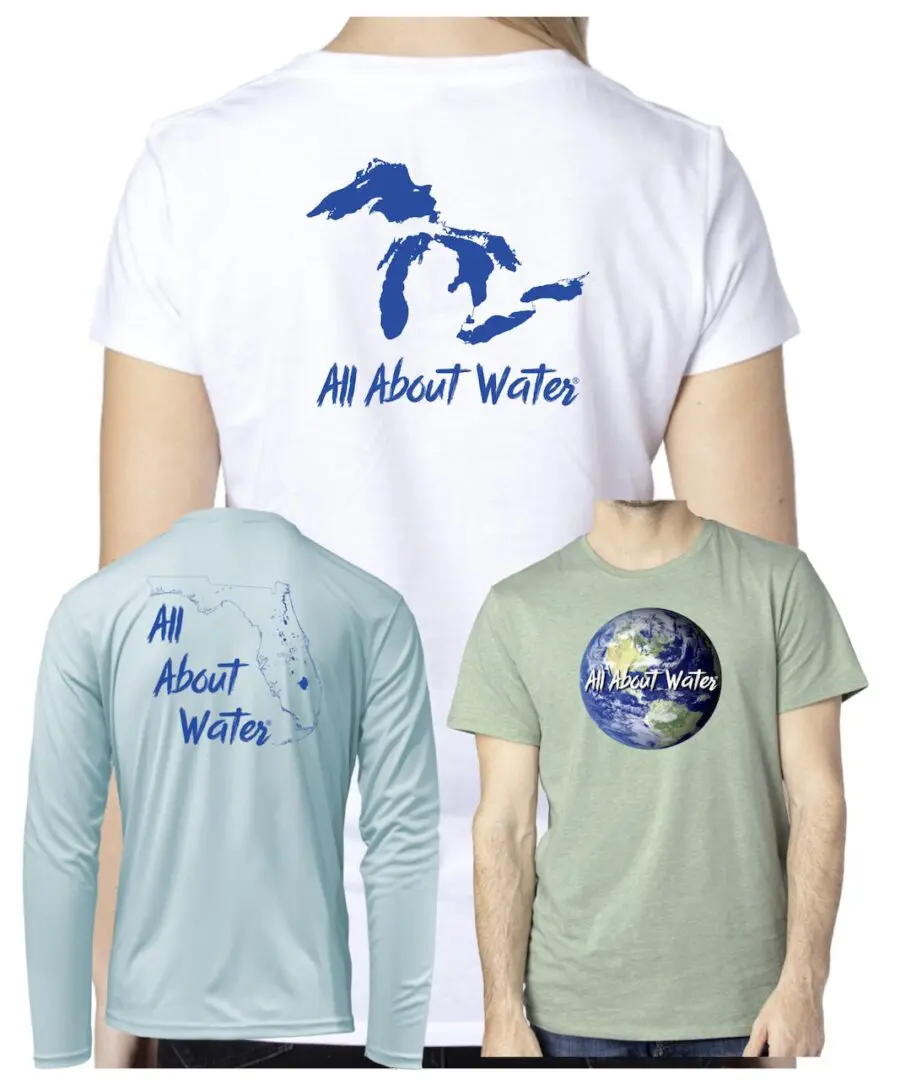 Three t-shirts with "All About Water" logo.