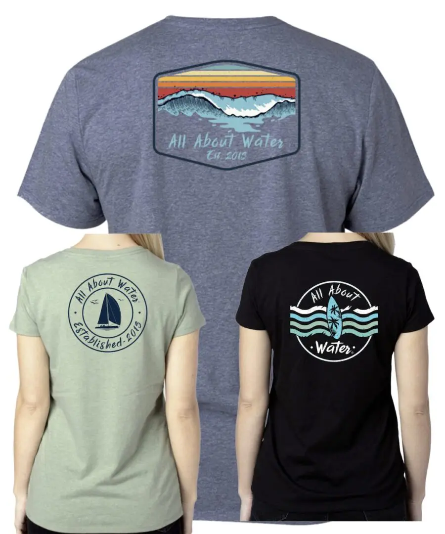 Three t-shirts with water-themed logos.