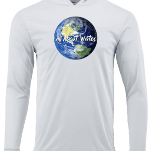 White long-sleeve hoodie with Earth and "All About Water" text.