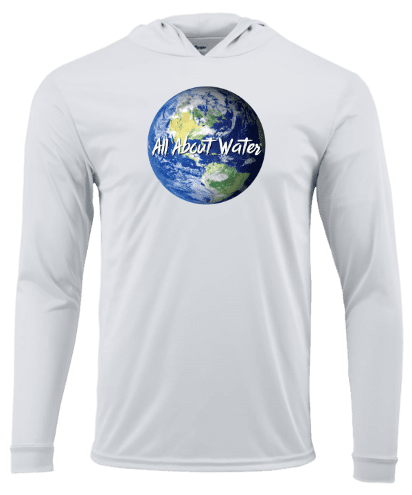 White long-sleeve hoodie with Earth and "All About Water" text.